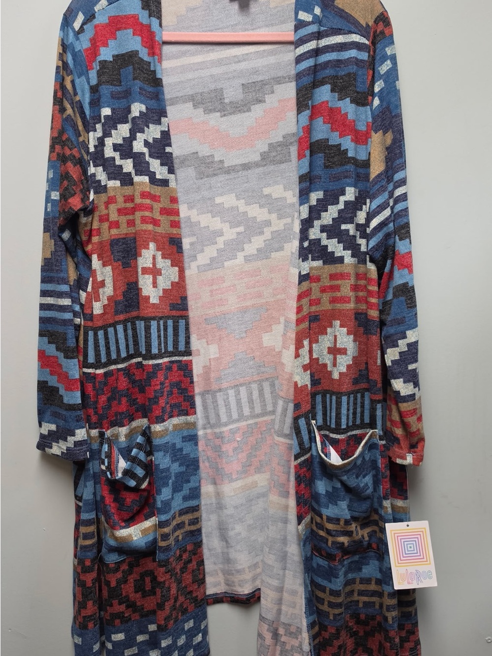 LuLaRoe Aztec Open-Front Cardigan in Blue, Red, Cream, Tan